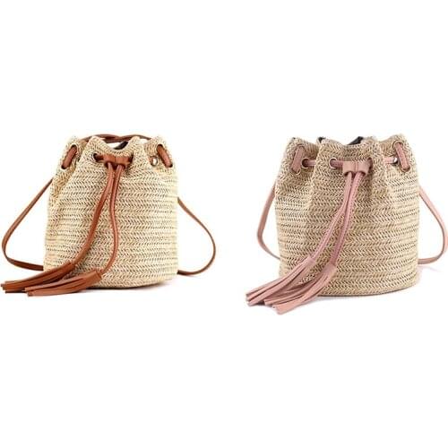 2 Pcs Shoulder Bag Ladies Fabric Summer Beach Bags with Tassels Weaving Crossbody Bag Women,Brown & Pink