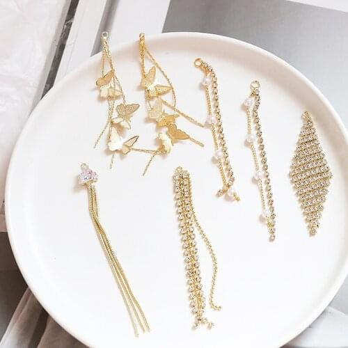 4pcs Vintage Gold-clad 14k18k butterfly tassel Earring Rhinestone pearl pendant diy jewelry necklace tail chain accessories