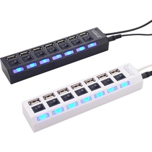 7 Ports USB Hub LED USB 2.0 Adapter Hub High Speed Multi-Port Socket Powered ON/OFF Switch Charging Port Splitter For PC Laptop