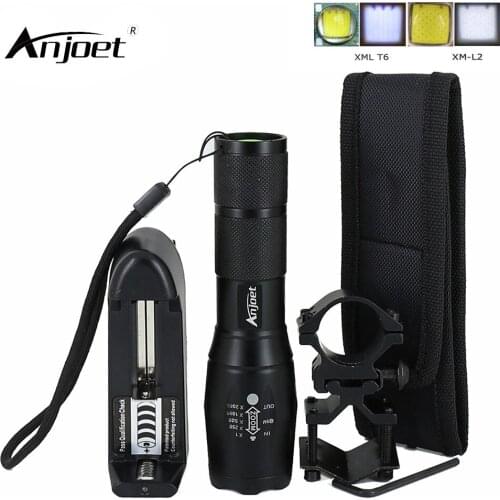 ANJOET Zoomable LED Torch Lamp 5-modes XM-L2 XML-T6 Aluminum A100 flashlight + Gun Mount + Battery Charger + Holster