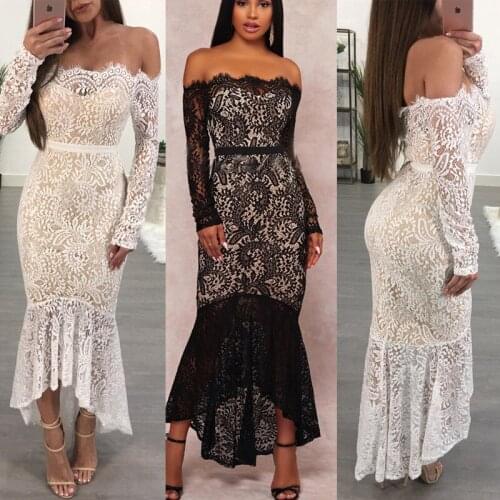BKLD Ladies Elegant Dress Party Slash Nech White Black Eyelash Lace Off Shoulder Long Sleeve Dress Autumn