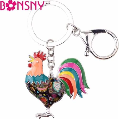 Bonsny Enamel Alloy Chicken Rooster Key Chain Keychain Ring For Women Handbag Pendant Car Decoration Charms Unique Jewelry Gifts