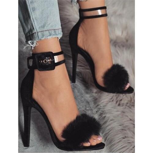 New Design Women Fashion Black Suede Leather Fur Sandals Ankle Transparent Strap Thin High Heel Sandals Dress Shoes