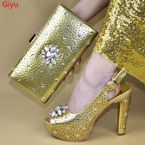Doershow beautiful gold shoe and bag set for party Italian shoe with matching bag new design lady matching shoe and bag! STW1-2