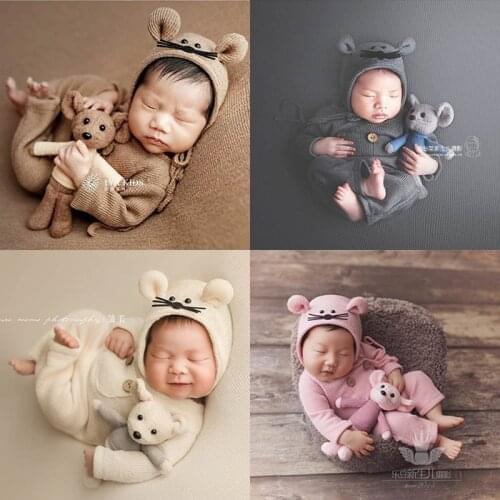 Dvotinst Newborn Photography Props for Baby Cute Soft Mouse Outfits Bonnet Doll Blanket Bebe Fotografia Studio Shoot Photo Props