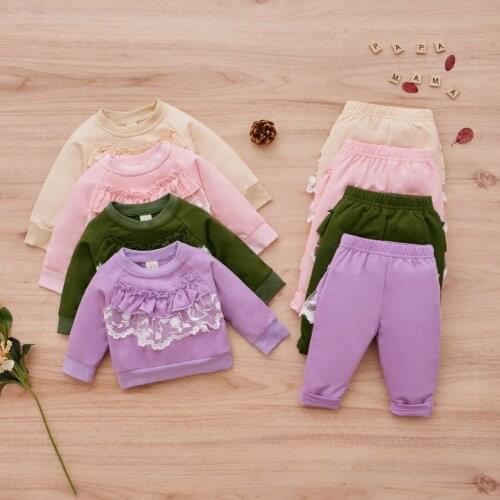 Toddlers Breathable Baby Girls Leisure Wear Lace Splicing Long Sleeve Tops + Long Pants Children Knitted Casual Suits Outfits