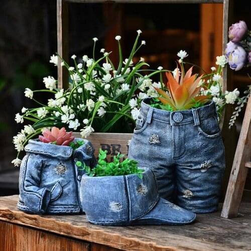 Denim Clothes Pants Resin Flower Pot Garden Creative Flower Pot Ornament Hat Flower Arrangement Container Craft Gift
