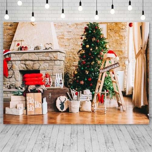 Avezano Merry Christmas Tree Backdrops Winter Fireplace Gift Ladder Curtain Decoration Photographic Backgrounds For Photo Studio
