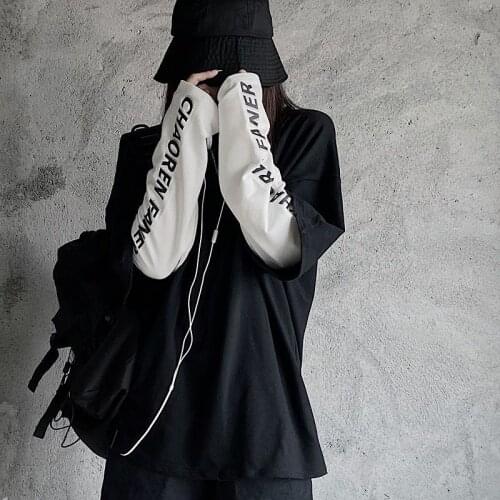 Harajuku T-shirt Womens Korean Letters Loose Fake Two-piece Printed Long Sleeve Shirt Womens Vetement Femme 2021