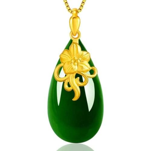 Chinese Jade Inlay Good Luck Water drop Pendant Necklace DIY Accessories Jewellery Fashion Hand-Carved Woman Amulet