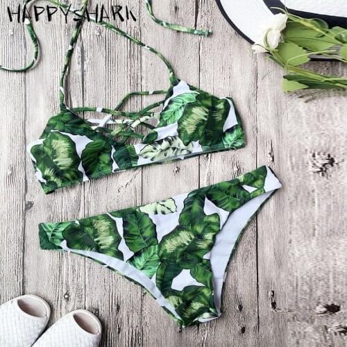 HAPPY SHARK 2018 New Sexy Green Leaf Printed Bikinis Set Women Brazilian Strappy Biquinis Summer Swimwear 2 Pcs Swimsuit