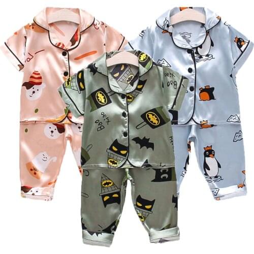 Pajama Sets Girl Pijama Bat Totoro Nightgow Boy Baby Sleepwear Soft Silk Bear Unicorn Short Sleeve Kids Clothes Bebe Pyjama 2pcs