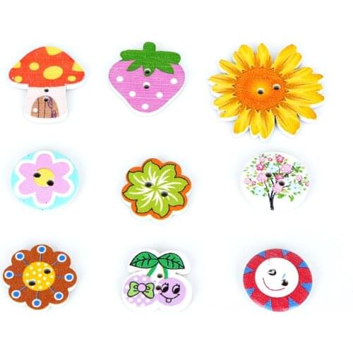 Natural Wooden Buttons Colorful Mixed Flowers Sun Tree Scrapbook Sewing Accessories DIY Craft 2 Holes 50 pcs