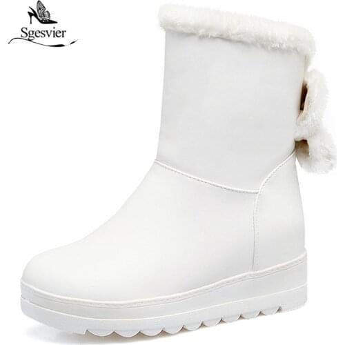 Sgesvier Fashion Women Wedge Boots Thick Fur Shoes Women Winter Warm Snow Boots Bowtie Ankle Boots Party Shoes Size 30-42 B698