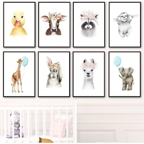 Duck Rabbit Sloth Raccoon Alpaca Deer Elephant Wall Art Canvas Painting Nordic Posters And Prints Wall Pictures Kids Room Decor