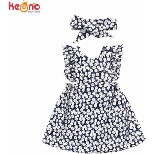 Toddler Baby Girls Vintage Ruffles Floral Dresses with Knot Headband Kids Summer Fly Sleeve Princess Dress Children Sundress