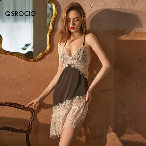 QSROCIO HIigh Quality Womens Pajamas Lace Flower Stitching Sling Sleepdress Erotic Temptation Nightwear S Body Silk Like Dress
