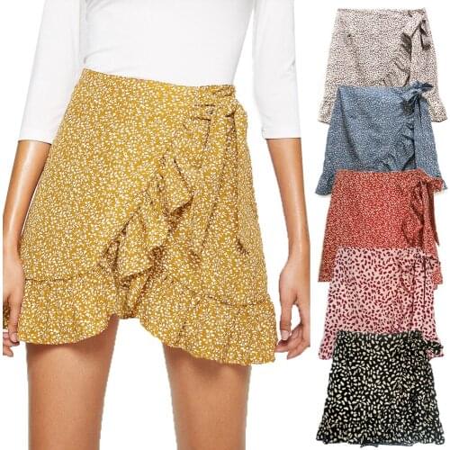 Women Fashion Multi Polka Dot Print Short Mini Skirts Ruffle High Waist Bow Tie Skirt Slim Bottoms Irregular Pattern Zip Skirt