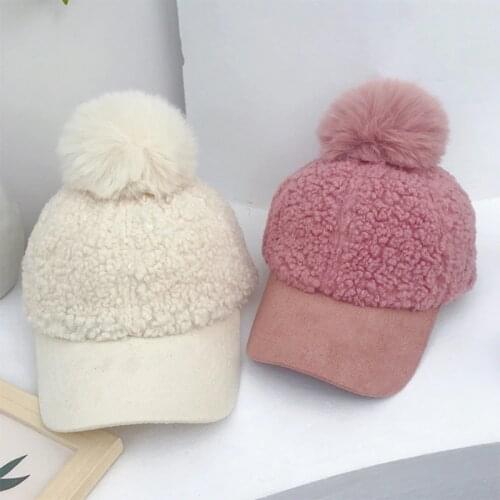 Women Winter Faux Fleece Baseball Peak Cap Fuzzy Warm Solid Color Cute Pompom Hip Hop Sunscreen Visor Brim Beanie Hat