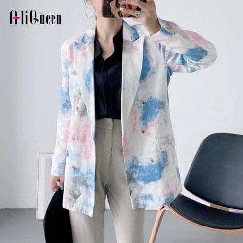 2020 Autumn Women Streetwear Blazer Coat Ladies Chic Tie-dye Printed Blazer Suit Jacket Outwear Female Single Button Loose Coats