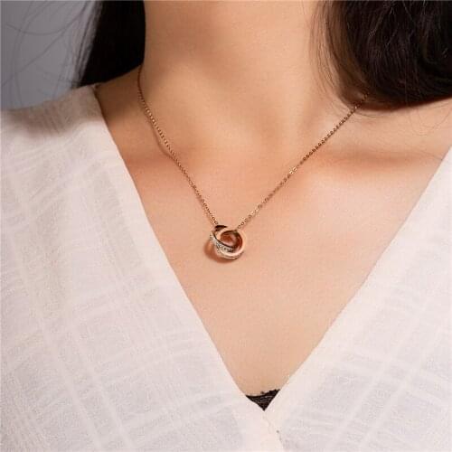 2021 Trend Female Length 500mm Fashion Titanium Steel Necklace For Women Rose Gold Double Ring Pendant Jewelry N564