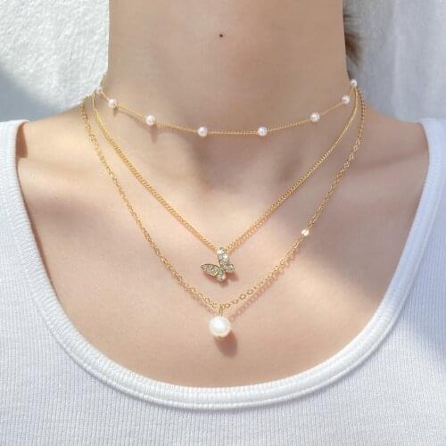 Trendy Multilayered Butterfly Pearl Necklace For Women Fashion Sun Star Gold Pearl Choker Necklaces 2021 Trend Jewelry Gift