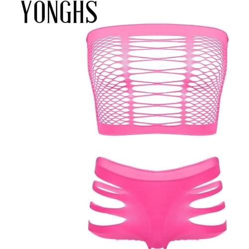 Womens Fishnet See-Through Lingerie Suit Hollow Out Sleeveless Crop Top Strappy Underpants Briefs Sexy Thong Underwear Sleepwear