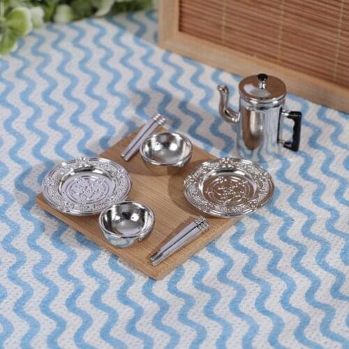 1 Set 1:12 Scale Dollhouse Mini Kitchen Set Kettle+2pcs Plates+2pcs bowls+2pair Chopsticks Pretend Play Toys