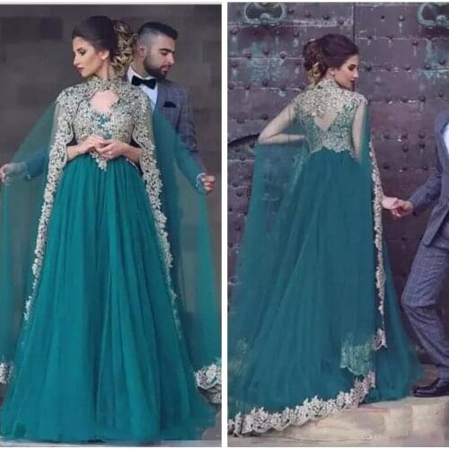 2019 Moroccan Kaftan Arabic Tulle Prom Dresses With Gold Lace Appliques Two Piece Women Evening Party Gowns Vestidos De Soiree