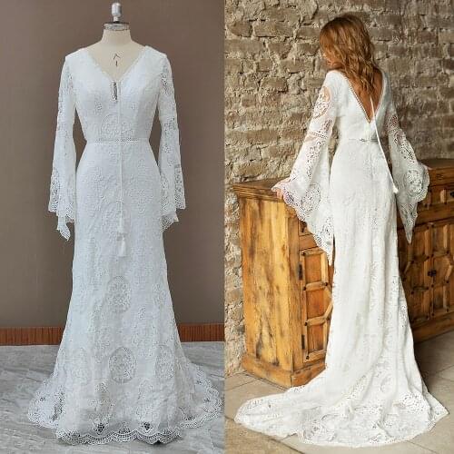 Bohemian Bridal Wedding Dress Backless Lace Cut Out Sheath Bride Gown Boho Photograghy Bell Sleeve Factory REAL PHOTO #1243