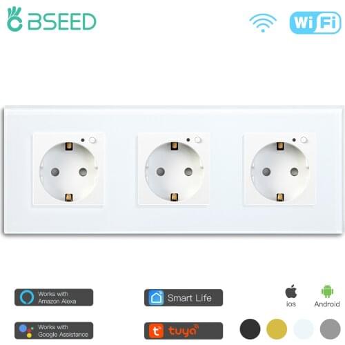 BSEED EU Wifi Triple Wall Socket Crystal Glass Panel Electrical Outlet 3 Colors White Black Golden Work With Tuya Smart Life
