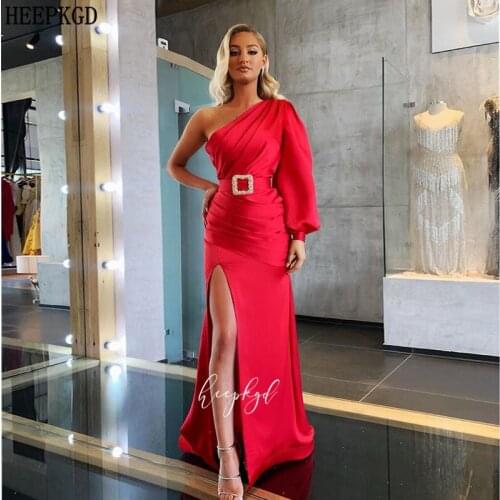 Elegant One Shoulder Red Evening Dress Side Slit Long Sleeve Crystals Sash Long Formal Dresses Plus Size Prom Party Gowns Cheap