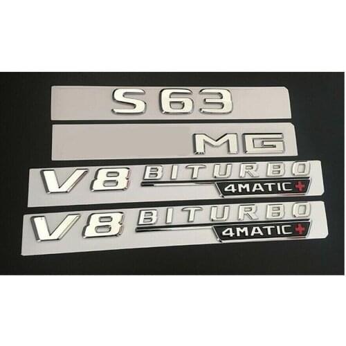 Chrome S63 For AMG V8 BITURBO 4MATIC+ Trunk Fender Badges Emblems for Mercedes