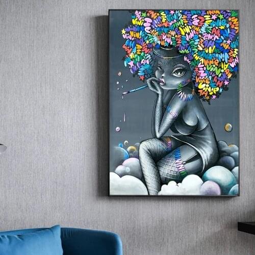 Cartoon Graffiti Explosion Head Girl Street Art Canvas Print Painting Black Skin Sexy Girl Wall Picture Room Home Decor Poster