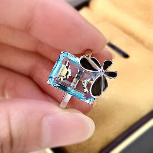 925 Sterling Silver Simulation Aquamarine Butterfly Ring Simple Fashion Wedding Jewelry Holiday Gift