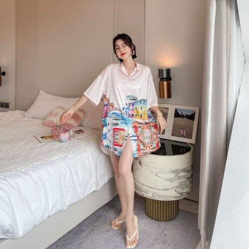 Summer Homedress Womens Satin Chiffon Nightgown Printing Sleepwear Half Sleeve Shirt Nightdress Sleepshirts Sexy Home Clothing