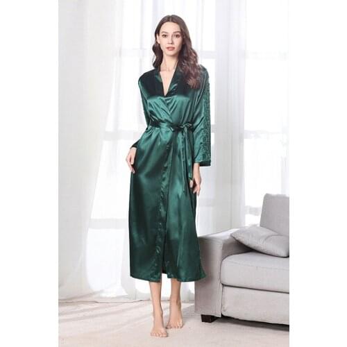 2021 New Women Satin Night Robe Nightwear Lace Gown Long Pajamas Bathrobe
