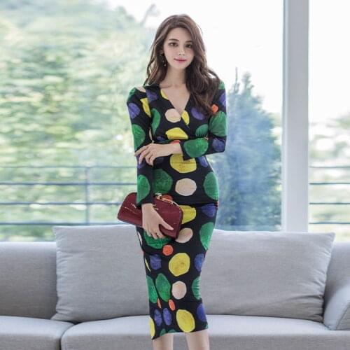 Autumn Elegant Korean Office Dress Women Sexy N-neck Long Sleeve Wrap Dress Ladies Slim Dot Print Long Dresses Woman Vestidos