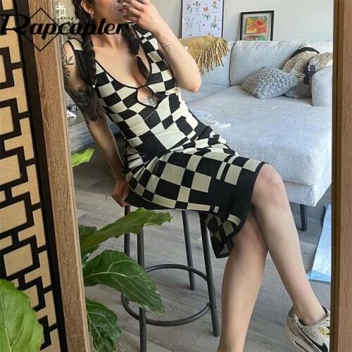 Rapcopter Plaid Dress Cut Out Mini Dress y2k Retro Summer Dress Women Skinny Sundress Beach Style Skinny Dress Streetwear 2021