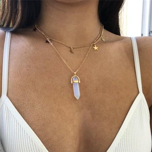 Simple Star Moon Choker Necklace Natural Stone Hexagonal Column Necklaces Pendants Fashion Bullet Crystal Necklace Women Jewelry