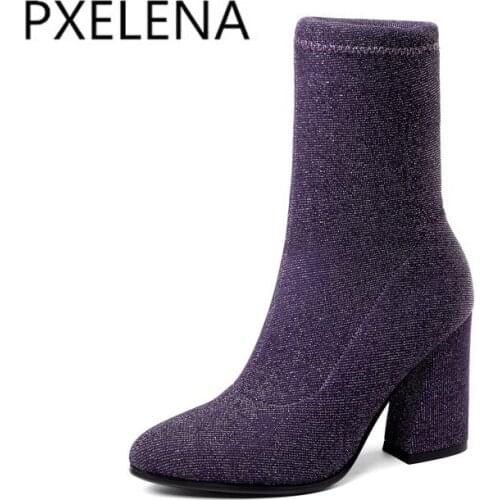 PXELENA European Sexy Women Socks Ankle Boots 2018 Autumn Winter New Stretch Elastic Square Chunky Block High Heels Boots Slim