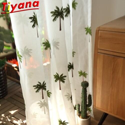 Tropical Style Coconut Tree Embroidery Tulle Curtains for Living Room Leaves White Mesh Yarn for Room Decoration X-HM353#30