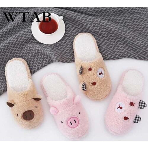 WTAB Cute Cartoon Pig Women Slippers Indoor Cotton Winter Female Shoes Non-sLadies Indoor Comfort Floor Slippers Plush Slipper