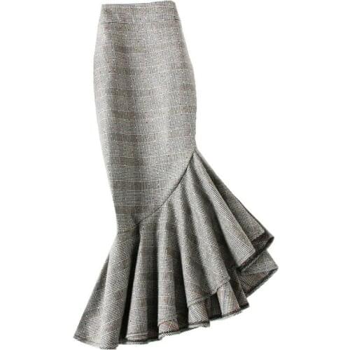 Plaid fishtail skirt women polka dot ruffled high waist office lady package hip mermaid trumpet skirt plus size 4XL