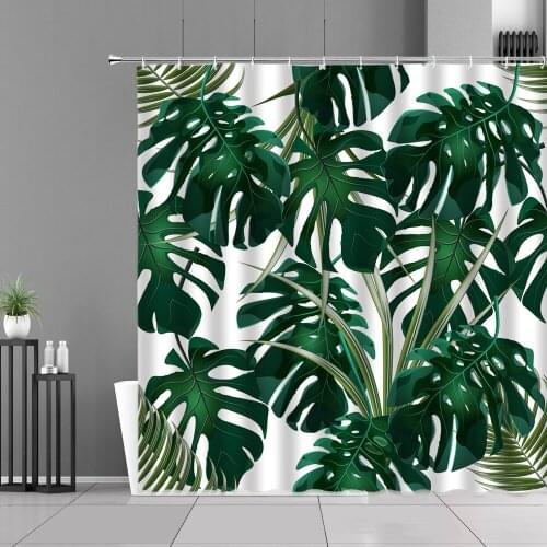 Green Leaves Monstera Shower Curtains Africa Tropical Plant Flower Palm Banana Leaf Cactus Bathroom Decor Waterproof Curtain Set