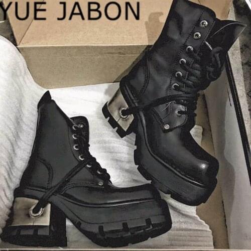 Punk Style Women Ankle Boots 8CM Chunky High Heel Soft Leather Boot Platform Shoes Military Boots Metal Decor Autumn Botas Mujer