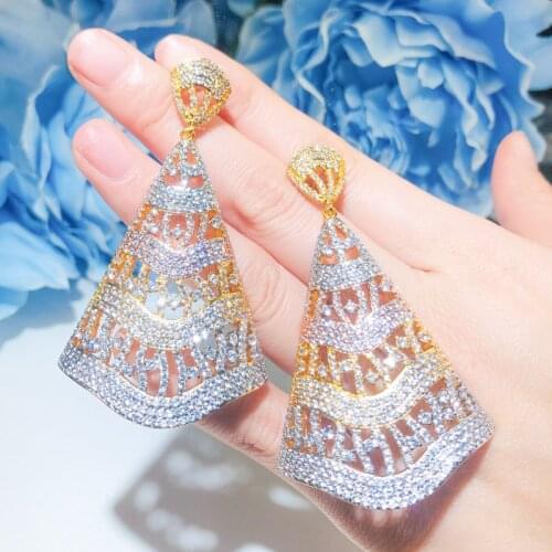 QooLady Fashion 70MM Famous Micro Pave Cubic Zirconia 3 Tone Gold Geometry Long Dangle Earrings for Women Pendientes Mujer E136