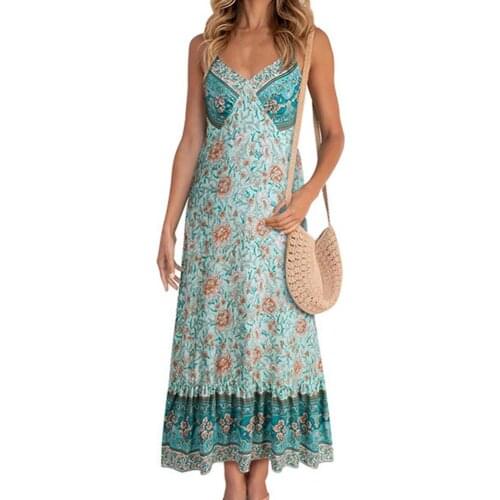 Summer Dress Women Bohemian elegant Vintage Floral Print Maxi Dress Backless Spaghetti Straps Large Hem Sexy Dress 2021