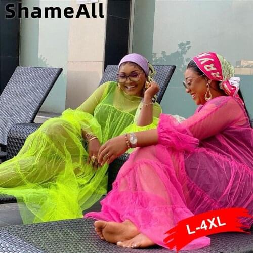 Plus Size Women Green See Through Mesh Long Flare Sleeve Beach Dress 4XL Summer French Transparent Holiday Boho Maxi Dresses