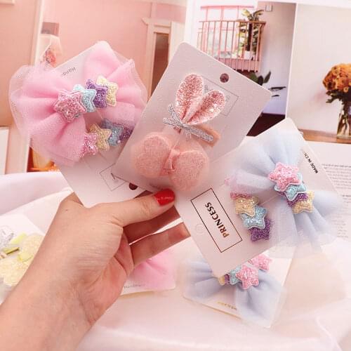 2pcs/set Glitter Girls Hair Clips Bunny Mesh Hair Bows Set Star Hairpin Sweet Kids Hair Accessories Side Clip Headwear